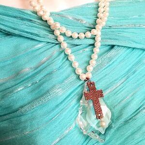 Hammered Copper Cross Over Large Lucite Pendant On Long White Pearl Strand